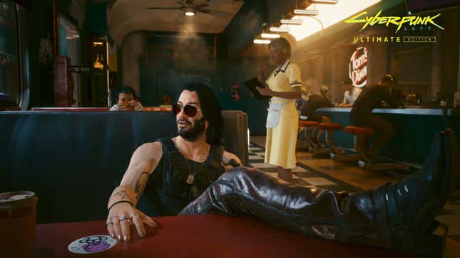 Johnny Silverhand puts his feet up on a diner table.