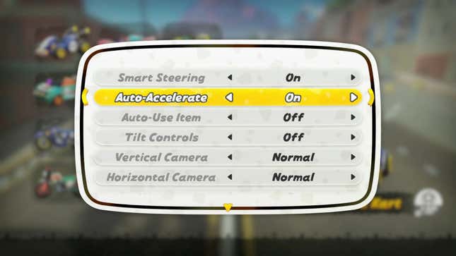 The accessibility menu in Mario Kart World.