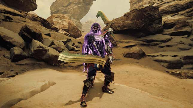 A hunter poses with a set of dual blades and a purple glowing Corrupted Mantle.